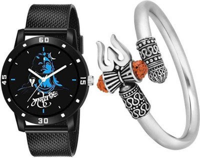 PZOZ NEW STYLISH BLUE MAHADEV DIAL- PU STRAP & BLACK FANCY BRACELET COMBO SET FOR MEN Analog Watch - For Boys Analog Watch  - For Men