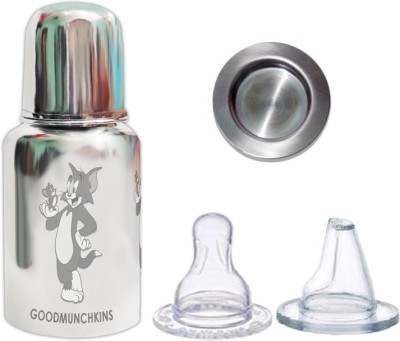 Goodmunchkins GOOD MUNCHKINS New 2 in 1 Stainless Steel Bottle Feeding / Sipper With Travel Cap (Lid) Pack of 1 -150ml Bottle+2 Anti Colic Silicon Nipple/Sipper Training Spout + Travel Cap - 150 ml(Silver)