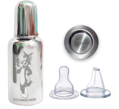 Goodmunchkins GOOD MUNCHKINS New 2 in 1 Stainless Steel Bottle Feeding / Sipper With Travel Cap (Lid) Pack of 1 -220 ml Bottle+2 Anti Colic Silicon Nipple/Sipper Training Spout + Travel Cap - 220(Silver)