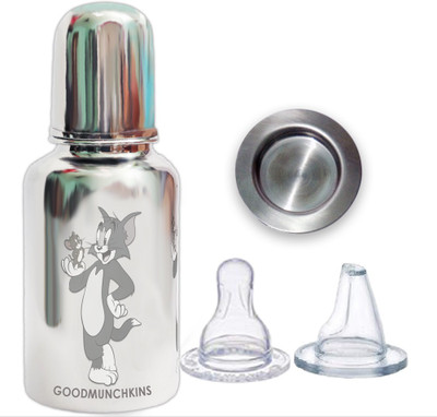 Goodmunchkins GOOD MUNCHKINS New 2 in 1 Stainless Steel Bottle Feeding / Sipper With Travel Cap (Lid) Pack of 1 -300 ml Bottle+2 Anti Colic Silicon Nipple/Sipper Training Spout + Travel Cap - 300(Silver)