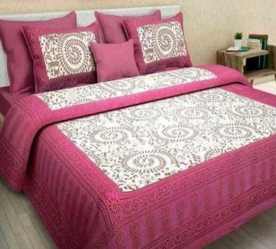 Navyata 144 TC Cotton Queen Jaipuri Prints Flat Bedsheet(Pack of 1, Pink, White)