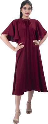 DRESSED UP DIVAS Women A-line Maroon Midi/Calf Length Dress