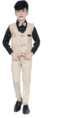 Prabhuratan Boys Festive & Party, Wedding Blazer, Shirt and Trouser Set(Beige Pack of 1)