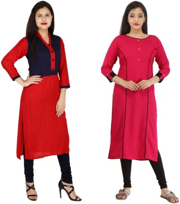 Fashion Senora Women Solid, Colorblock Straight Kurta(Red, Pink)