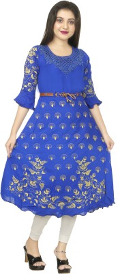 Shine Club Women Printed A-line Kurta(Blue)