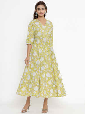 Doriyaan Women Floral Print Anarkali Kurta(Yellow)