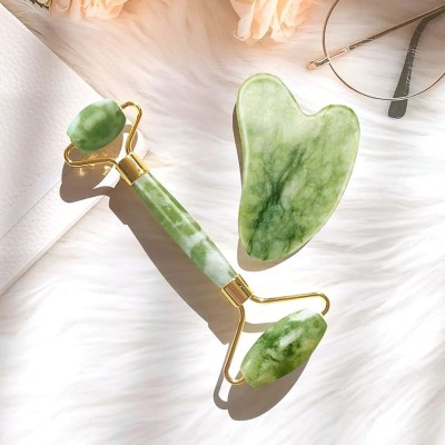 Coozico Facial Roller & Massager Natural Massage Jade Stone And Gua Sha Scraping Plate Set Double Side Beautiful Skin Detox - Facial Body Eyes Neck Massager Tool Reduce Wrinkles Aging - Original Massager (Green) Facial Roller & Massager Natural Massage Jade Stone And Gua Sha Scraping Plate Set Doubl