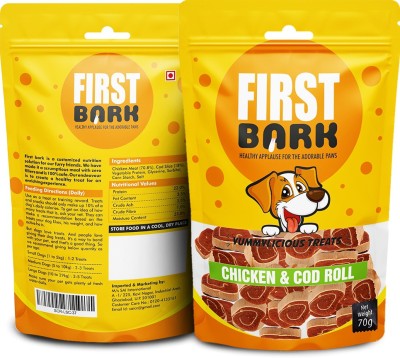 first bark FirstBark Chicken Jerky Dog Treats, Human Grade High Protein Chicken, Fully Digestible Healthy Snack & Training Treat, Free from by-Products & Gluten, Chicken & Cod Roll (3 X 70g) Chicken Dog Treat(0.21 kg, Pack of 3)