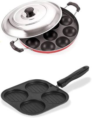 POONJALIYA Gas Stove Compatible Non Stick Aluminium Cookware Set Square Grill Pan and Appam Patra with lid Cover, 2 Piece Combo Kitchen Set- Red/Black Appam Maker 12-Cavity Paddu Paniyarakkal Non-Stick Pan Paniyaram Patra Ponganal Baati Baking Pot with Detachable Handle with Lid, appam &mini utappam pan combo golgappa maker Pot 24 cm diameter 1 L capacity with Lid