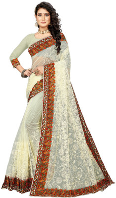 manvaa Embroidered Bollywood Net Saree(White)