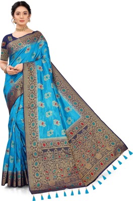 COSBILA FASHION Embellished Banarasi Cotton Silk Saree(Light Blue, Dark Blue)