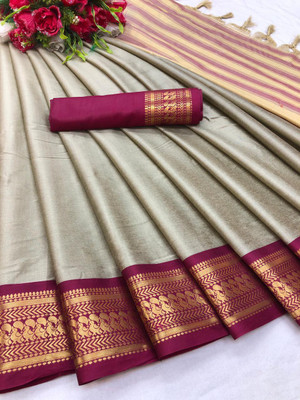 Dwini Temple Border, Woven Dharmavaram Cotton Silk Saree(Pink, Beige)