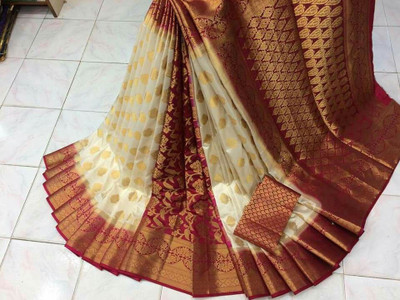 Devkinanndan Woven Kanjivaram Silk Blend, Nylon Saree(White)