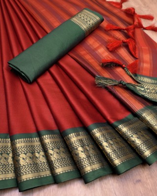 Dwini Temple Border, Woven Dharmavaram Cotton Silk Saree(Red, Green)