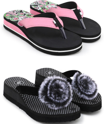 Feens Women Stylish and Comfortable Light Weight Super Soft Flip Flop Combo of 2 Flip Flops(Multicolor , 6)