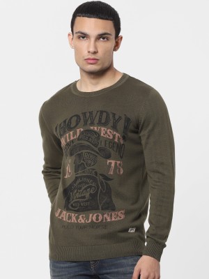 JACK & JONES Graphic Print Round Neck Casual Men Dark Green Sweater