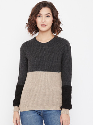 CRIMSOUNE CLUB Colorblock Round Neck Casual Women Grey Sweater