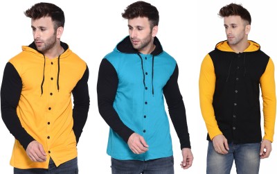 Blisstone Solid Men Hooded Neck Light Blue, Black, Yellow T-Shirt