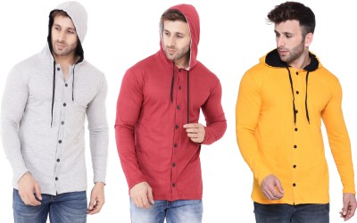 Blisstone Solid Men Hooded Neck Red, Grey, Yellow T-Shirt