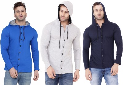 GEUM Solid Men Hooded Neck Dark Blue, Blue, Grey T-Shirt