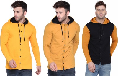 Blisstone Solid Men Hooded Neck Black, Yellow T-Shirt