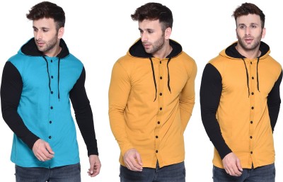 Blisstone Solid Men Hooded Neck Light Blue, Black, Yellow T-Shirt