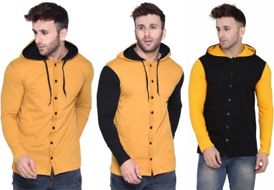 GEUM Solid Men Hooded Neck Black, Yellow T-Shirt