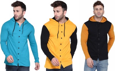 Blisstone Solid Men Hooded Neck Light Blue, Black, Yellow T-Shirt