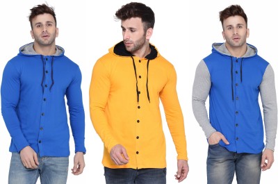 Blisstone Solid Men Hooded Neck Blue, Grey, Yellow T-Shirt