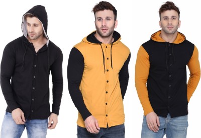 Blisstone Solid Men Hooded Neck Black, Yellow T-Shirt