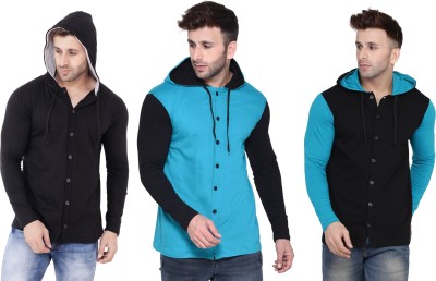 GEUM Solid Men Hooded Neck Light Blue, Black T-Shirt