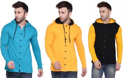 Blisstone Solid Men Hooded Neck Light Blue, Black, Yellow T-Shirt