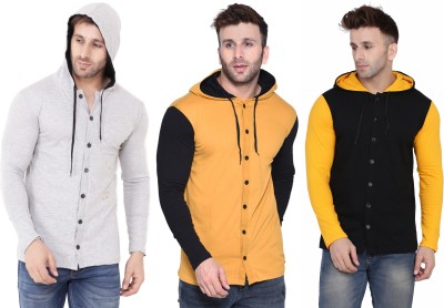 Blisstone Solid Men Hooded Neck Black, Grey, Yellow T-Shirt