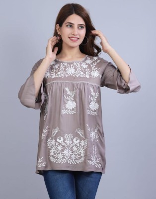 PEARLTEXNCRAFT Party 3/4 Sleeve Embroidered Women Grey Top