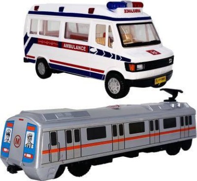 Sani International Toy Mall New Combo of Indian Automobile Ambulance Toy + Metro Train Toy For Children| Playing Toys For Babies And Kids| Use As Showpiece| (White, Grey, Pack of: 2)(White, Silver, Pack of: 2)