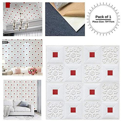 V R KART Embossed Architecture White, Red Wallpaper(L x W: 70 cm x 70 cm, Pack of 2)