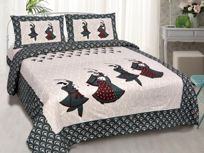 Mittan Traders 280 TC Cotton Double Jaipuri Prints Flat Bedsheet(Pack of 1, Grey)