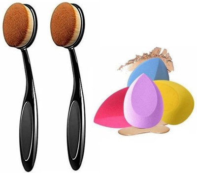 adbeni Professional Oval Foundation Brush 2 PC With 4 PCs Beauty Blender, Multi Color, Set of 6