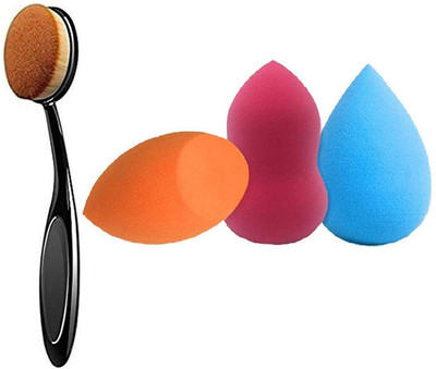 adbeni Professional Oval Foundation Brush With 3 Different Shapped Beauty Blender, Multicolor, Set of 3