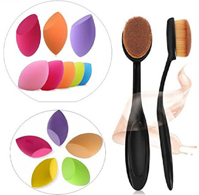 adbeni Professional Oval Foundation Brush 2 PCs With 13 PCs Beauty Blender, Multi Color, Set of 15