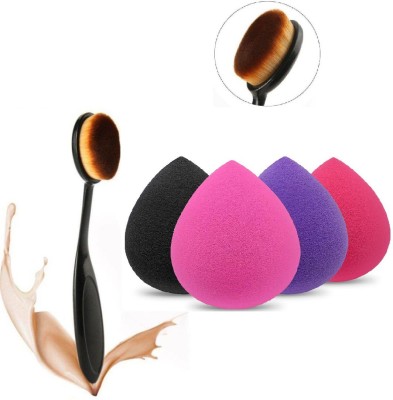 adbeni Professional Oval Foundation Brush With 4 PCs Oval Shapped Beauty Blender, Multicolor, Set of 3