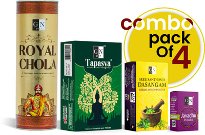 GN 1917 Royal Pooja Combo (Pack of 4) - Royal Chola Agarbatti (Agarbathi), Dasangam Powder, Javadhu Powder, Tapasya Dhoops Floral(4 Units, Set of 4)