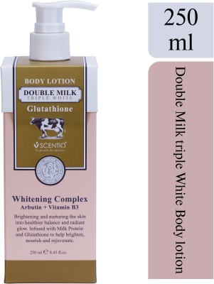 SCENTIO Double Milk Triple White Organic Body Lotion 250 ML (Made In Thailand). Quick Absorbing and contains Glutathione, Arbutin & Vitamin B3 (Whitening Complex). Non Greasy and works like Serum.(250 ml)