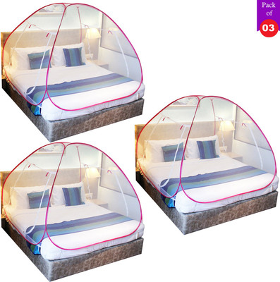 ShreejiHuf Polyester Adults Washable Pink Mosquito Net Foldable Double Bed Net King Size Pack Of 3 Mosquito Net(Pink, Tent)