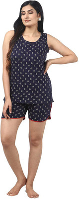 Noty Women Printed Blue, White Top & Shorts Set