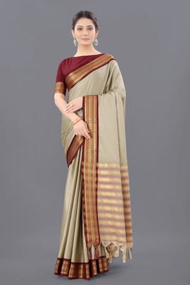 GEETABA FASHION Striped Dharmavaram Cotton Silk Saree(Beige)