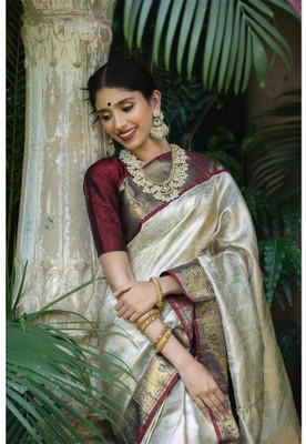 Miren Self Design Banarasi Jacquard Saree(Cream)
