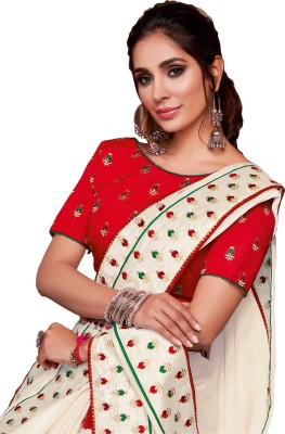 Vinayak Textile Embroidered Bollywood Silk Blend Saree(White)