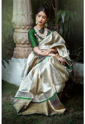 Miren Self Design Banarasi Jacquard Saree(Cream)