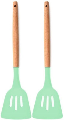 P-PLUS INTERNATIONAL PPLUS_WOOD_SLOTTED_GREEN_2 Mixing Spatula(Pack of 2)